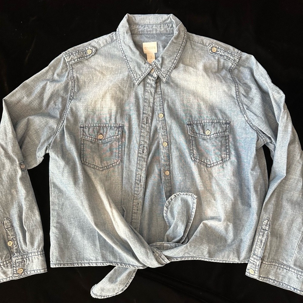 Chicos denim tie front top size 3.